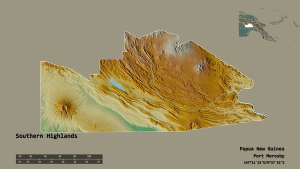 パプアニューギニア州の南部高地の形で その首都はしっかりとした背景に孤立しています 距離スケール リージョンプレビュー およびラベル 地形図 3Dレンダリング — ストック写真