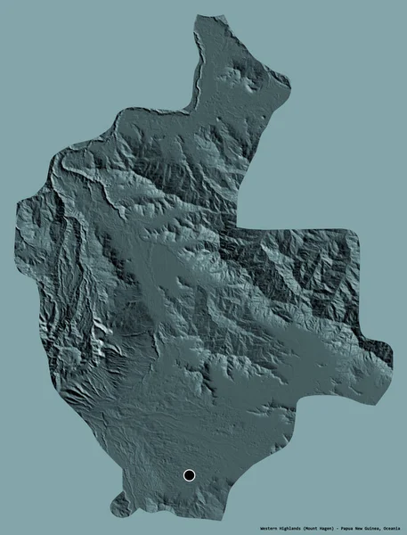 巴布亚新几内亚西部高地的形状 其首都以纯色背景隔离 彩色高程图 3D渲染 — 图库照片