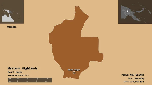 西の高地 パプアニューギニアの州 およびその首都の形 距離スケール プレビューおよびラベル 規則的にパターン化されたテクスチャの構成 3Dレンダリング — ストック写真
