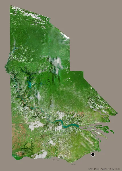 Shape of Western, province of Papua New Guinea, with its capital isolated on a solid color background. Satellite imagery. 3D rendering