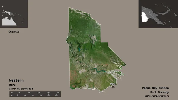 西の形 パプアニューギニアの州 その首都 距離スケール プレビューおよびラベル 衛星画像 3Dレンダリング — ストック写真