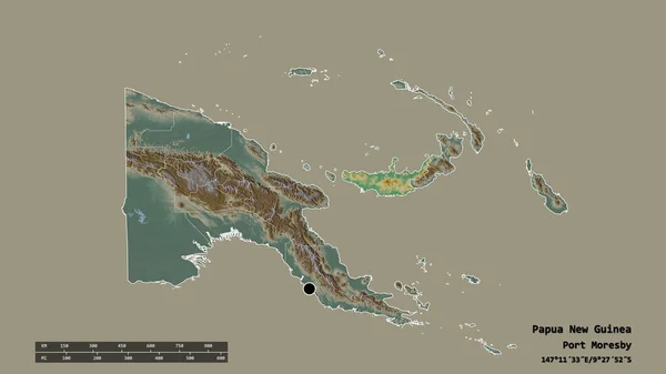 以首都 主要区域分部和分离的西新不列颠地区为首都的巴布亚新几内亚的绝望面貌 地形浮雕图 3D渲染 — 图库照片