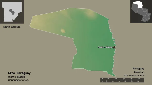 パラグアイのアルト パラグアイとその首都の形 距離スケール プレビューおよびラベル 地形図 3Dレンダリング — ストック写真