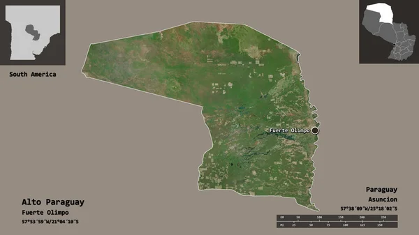 パラグアイのアルト パラグアイとその首都の形 距離スケール プレビューおよびラベル 衛星画像 3Dレンダリング — ストック写真