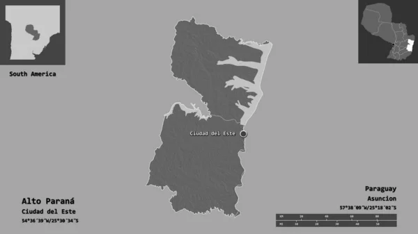 パラグアイのアルト パラナ県とその首都の形 距離スケール プレビューおよびラベル 標高マップ 3Dレンダリング — ストック写真