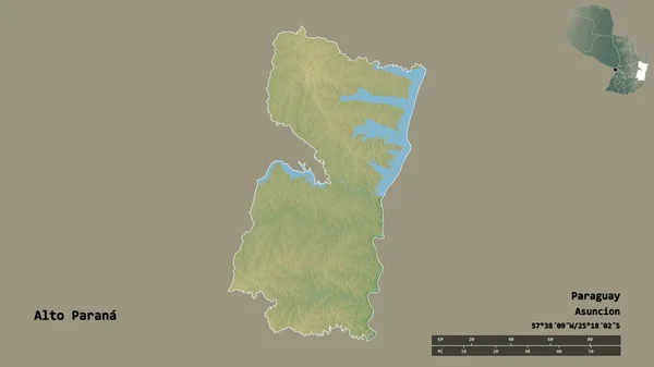 巴拉圭的上巴拉那省的形状 其首都在坚实的背景下与世隔绝 距离尺度 区域预览和标签 地形浮雕图 3D渲染 — 图库照片