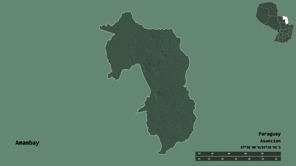 パラグアイ省のAmambayの形で その首都はしっかりとした背景に隔離されています 距離スケール リージョンプレビュー およびラベル 色の標高マップ 3Dレンダリング — ストック写真