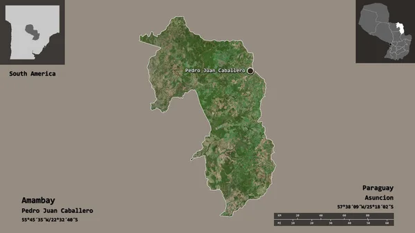 巴拉圭省阿曼拜及其首都的形状 距离刻度 预览和标签 卫星图像 3D渲染 — 图库照片