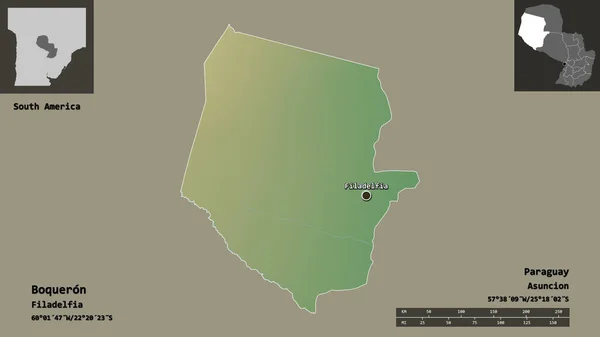 ボケロンの形 パラグアイの部門 そして その首都 距離スケール プレビューおよびラベル 地形図 3Dレンダリング — ストック写真