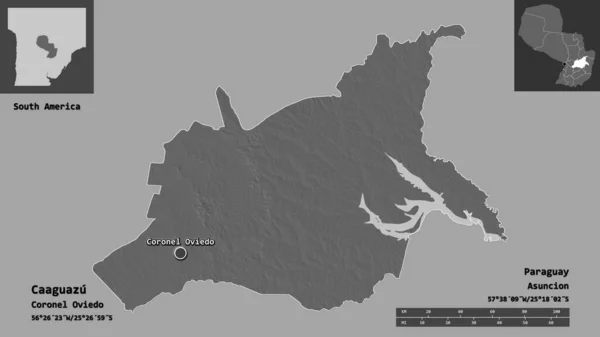 パラグアイのカアグアス県とその首都の形 距離スケール プレビューおよびラベル 標高マップ 3Dレンダリング — ストック写真