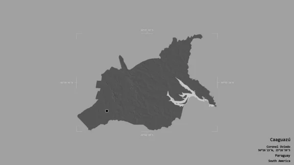 Area of Caaguazu, department of Paraguay, isolated on a solid background in a georeferenced bounding box. Labels. Bilevel elevation map. 3D rendering