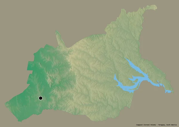 パラグアイのカアグアス県の形で その首都はしっかりとした色の背景に隔離されています 地形図 3Dレンダリング — ストック写真