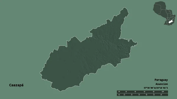パラグアイのカアサパ県の形で その首都はしっかりとした背景に隔離されています 距離スケール リージョンプレビュー およびラベル 色の標高マップ 3Dレンダリング — ストック写真