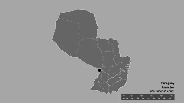 主要な地域部門と分離カサパエリアとパラグアイの荒廃した形状 ラベル 標高マップ 3Dレンダリング — ストック写真