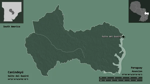 カニンディユの形 パラグアイの部門 その首都 距離スケール プレビューおよびラベル 色の標高マップ 3Dレンダリング — ストック写真