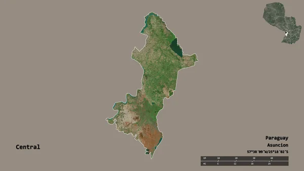 パラグアイの中央部の形で その首都はしっかりとした背景に隔離されています 距離スケール リージョンプレビュー およびラベル 衛星画像 3Dレンダリング — ストック写真