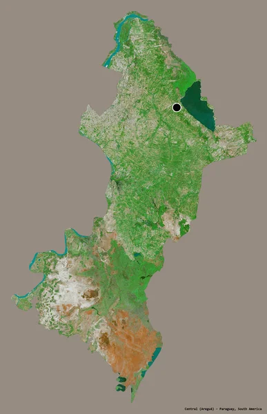 Shape of Central, department of Paraguay, with its capital isolated on a solid color background. Satellite imagery. 3D rendering