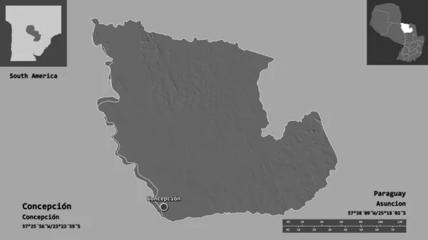 Form Concepcion Departementet Paraguay Och Dess Huvudstad Avståndsskala Förhandsvisningar Och — Stockfoto