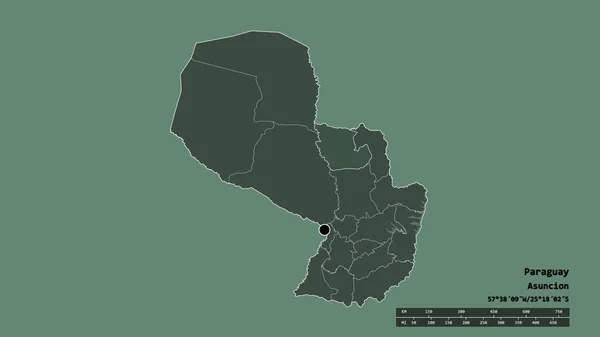 以首都 主要区域分部和分隔的康塞普西翁地区为首都的巴拉圭的退化形态 彩色高程图 3D渲染 — 图库照片