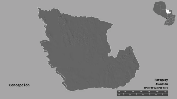 Shape of Concepcion, department of Paraguay, with its capital isolated on solid background. Distance scale, region preview and labels. Bilevel elevation map. 3D rendering