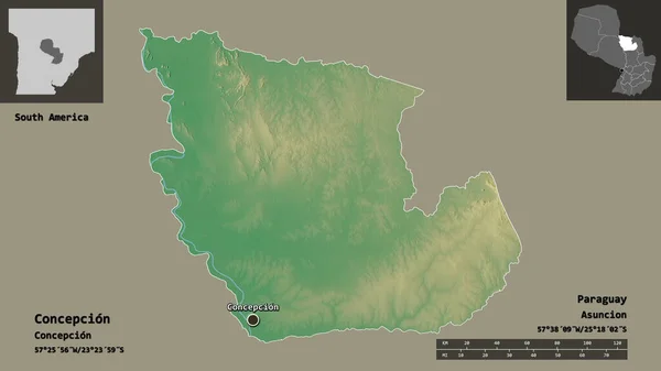 Shape of Concepcion, department of Paraguay, and its capital. Distance scale, previews and labels. Topographic relief map. 3D rendering