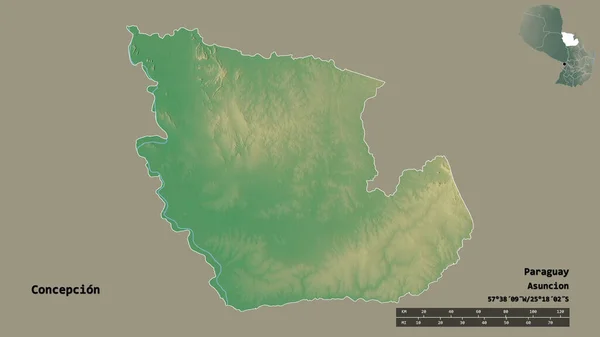 康塞普西翁形状 巴拉圭省 其首都独立于坚实的背景 距离尺度 区域预览和标签 地形浮雕图 3D渲染 — 图库照片
