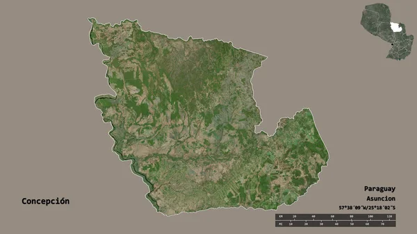 康塞普西翁形状 巴拉圭省 其首都独立于坚实的背景 距离尺度 区域预览和标签 卫星图像 3D渲染 — 图库照片