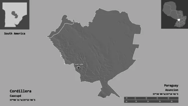 巴拉圭省科迪勒拉的形状及其首都 距离刻度 预览和标签 Bilevel高程图 3D渲染 — 图库照片