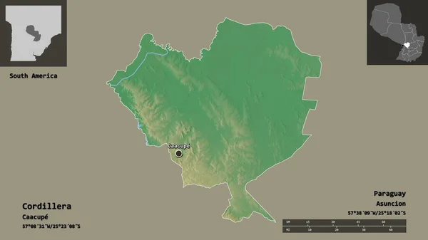 Shape of Cordillera, department of Paraguay, and its capital. Distance scale, previews and labels. Topographic relief map. 3D rendering