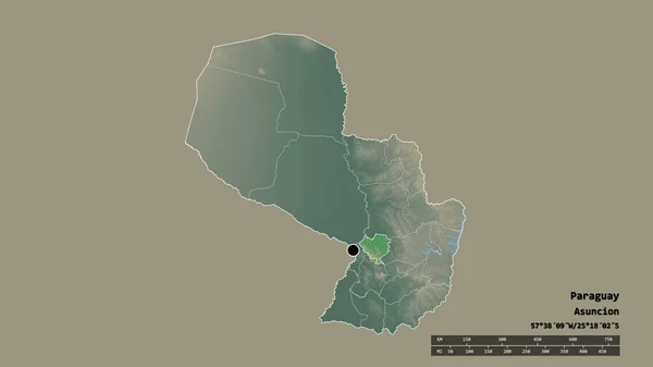 主要な地域部門と分離されたコーディレラ地域とパラグアイの荒廃した形 ラベル 地形図 3Dレンダリング — ストック写真