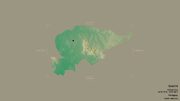 パラグアイ科のグアイラ地区は 地理的な境界線の箱の中にしっかりとした背景に隔離されています ラベル 地形図 3Dレンダリング — ストック写真