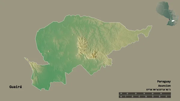 巴拉圭省Guaira的形状 其首都在坚实的背景下与世隔绝 距离尺度 区域预览和标签 地形浮雕图 3D渲染 — 图库照片