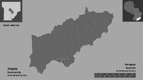 イタプアの形 パラグアイの部門 そして その首都 距離スケール プレビューおよびラベル 標高マップ 3Dレンダリング — ストック写真