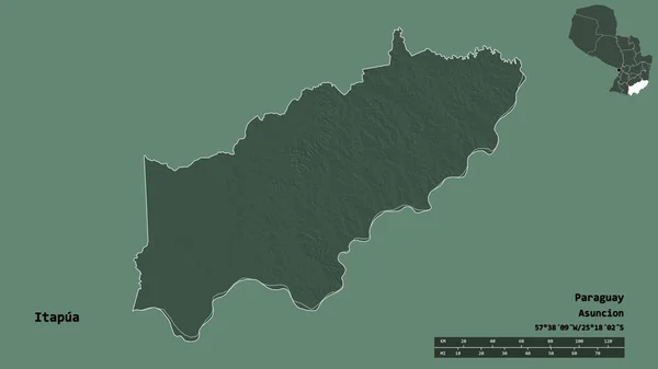 Shape of Itapua, department of Paraguay, with its capital isolated on solid background. Distance scale, region preview and labels. Colored elevation map. 3D rendering