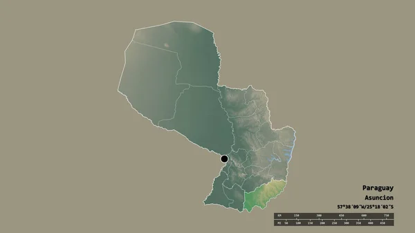 主要な地域部門と分離されたイタプア地域とパラグアイの荒廃した形 ラベル 地形図 3Dレンダリング — ストック写真