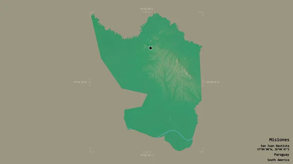 パラグアイの省ミシオーネスの地域は 洗練された境界の箱の中にしっかりとした背景に隔離されています ラベル 地形図 3Dレンダリング — ストック写真