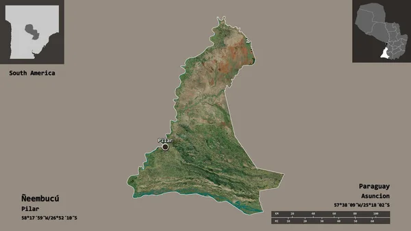 パラグアイのネベンブク県とその首都の形 距離スケール プレビューおよびラベル 衛星画像 3Dレンダリング — ストック写真