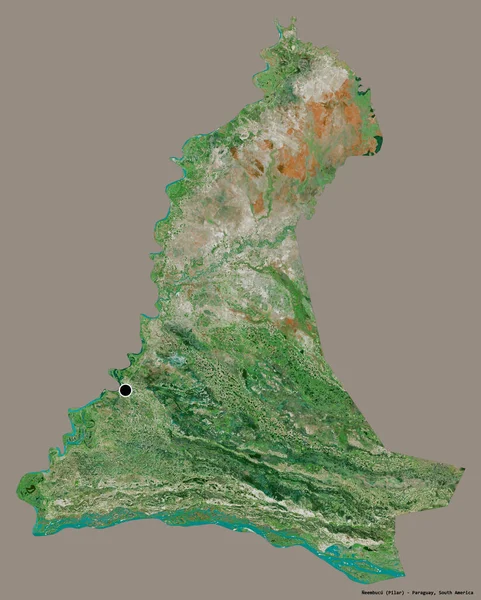 Shape of Neembucu, department of Paraguay, with its capital isolated on a solid color background. Satellite imagery. 3D rendering