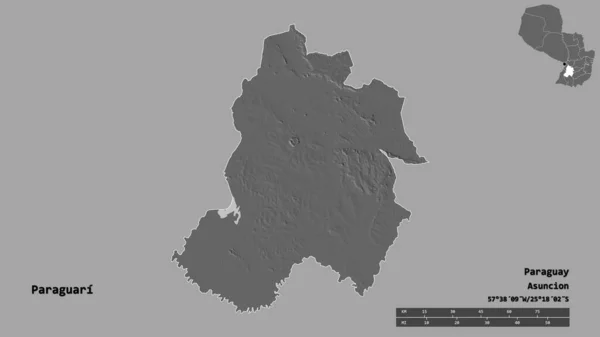 巴拉圭的形状 巴拉圭省 其首都孤立的坚实的背景 距离尺度 区域预览和标签 Bilevel高程图 3D渲染 — 图库照片