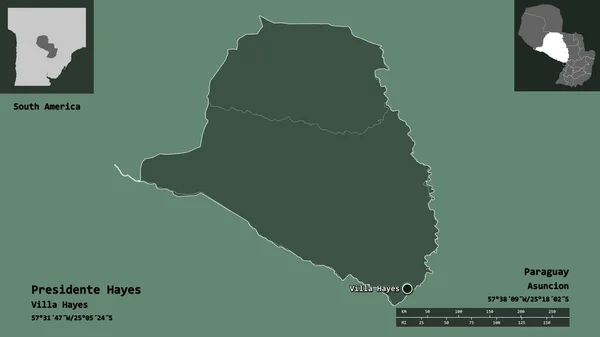 巴拉圭省总统海耶斯的形状及其首都 距离刻度 预览和标签 彩色高程图 3D渲染 — 图库照片