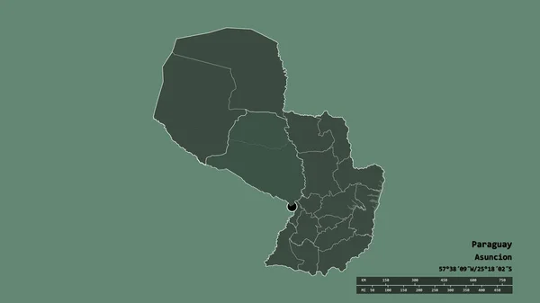 主要な地域部門と分離されたプレジデンテ ヘイズ地域とパラグアイの荒廃した形 ラベル 色の標高マップ 3Dレンダリング — ストック写真