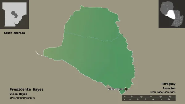 Shape of Presidente Hayes, department of Paraguay, and its capital. Distance scale, previews and labels. Topographic relief map. 3D rendering