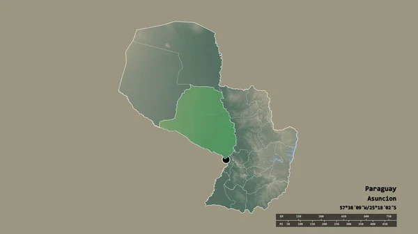 主要な地域部門と分離されたプレジデンテ ヘイズ地域とパラグアイの荒廃した形 ラベル 地形図 3Dレンダリング — ストック写真