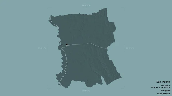 パラグアイの省サンペドロの地域は 洗練された境界ボックスにしっかりとした背景に隔離されています ラベル 色の標高マップ 3Dレンダリング — ストック写真