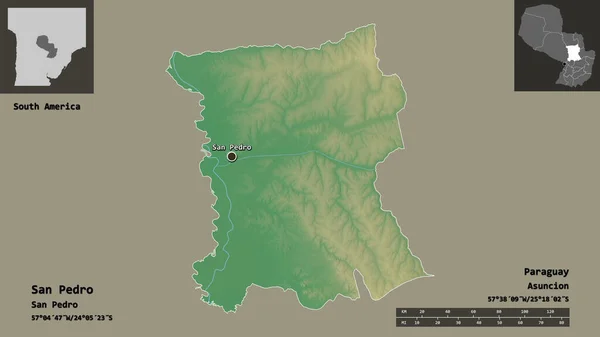 パラグアイ省とその首都サンペドロの形 距離スケール プレビューおよびラベル 地形図 3Dレンダリング — ストック写真