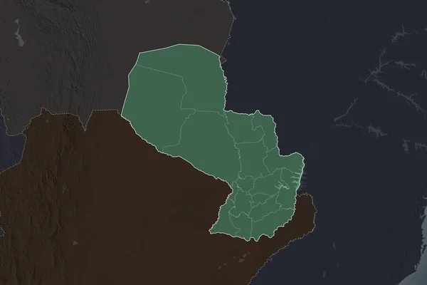 Shape of Paraguay separated by the desaturation of neighboring areas. Borders. Colored elevation map. 3D rendering