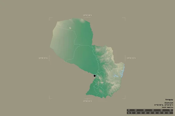 Area of Paraguay isolated on a solid background in a georeferenced bounding box. Main regional division, distance scale, labels. Topographic relief map. 3D rendering