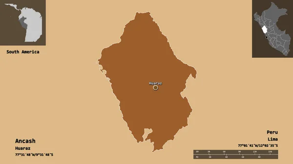 Ancashの形状 ペルーの地域 およびその首都 距離スケール プレビューおよびラベル 規則的にパターン化されたテクスチャの構成 3Dレンダリング — ストック写真