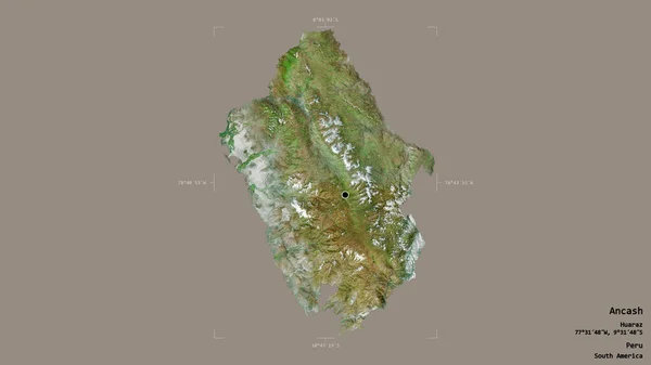 ペルーの地域であるAncashの地域は 洗練された境界ボックス内の強固な背景に隔離されています ラベル 衛星画像 3Dレンダリング — ストック写真