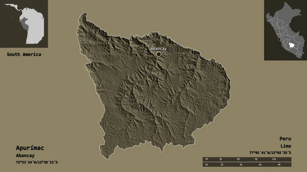 アプリマツの形 ペルーの地域 そしてその首都 距離スケール プレビューおよびラベル 色の標高マップ 3Dレンダリング — ストック写真